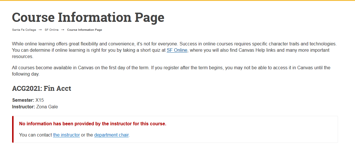Example of what the students will see when they look at a completed Course Info Page.