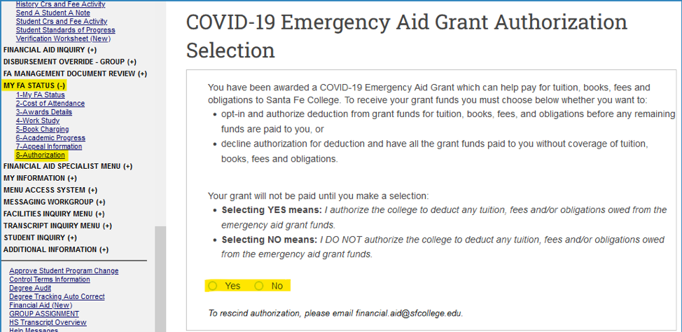 Image showing email sent to students who were awarded a COVID 19 Emergency Aid grant but did not provide authorization 