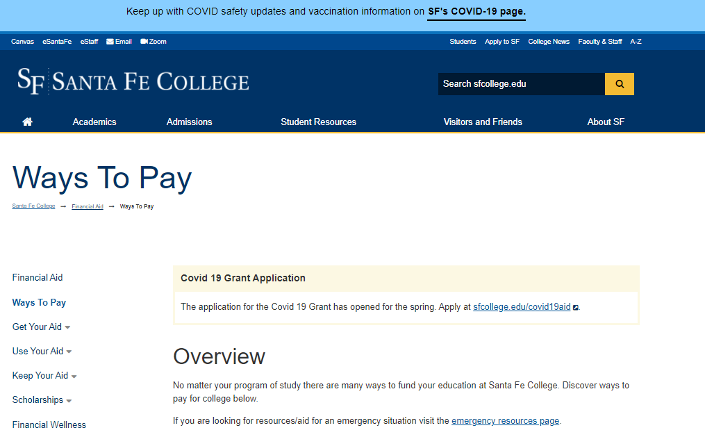 A screenshot of SF's Ways to Pay webpage showing that there was a banner message across the top of the page letting students know that COVID-19 grants were available from the college.