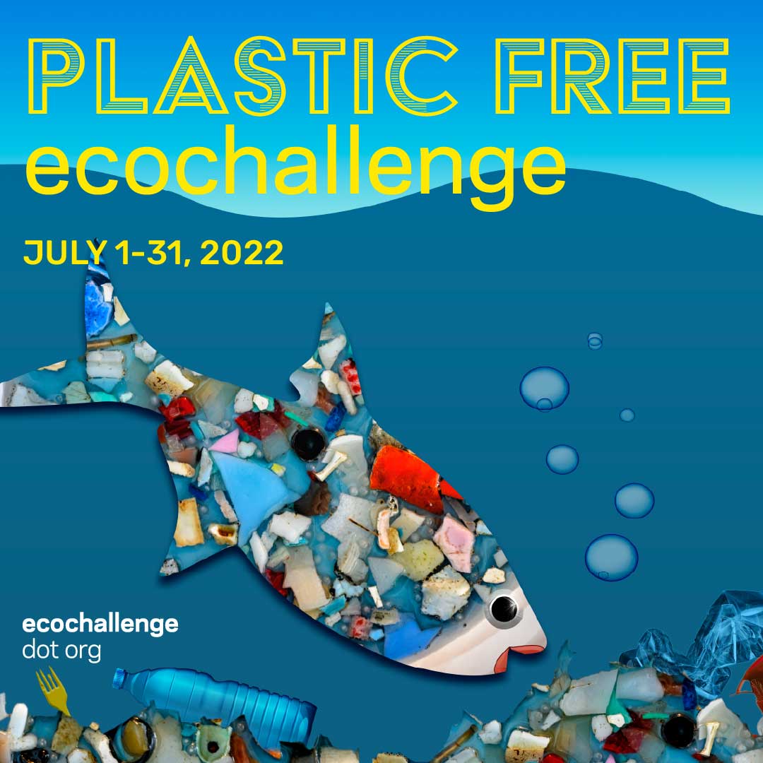 plastic free ecochallenge, July 1-31 2022. Image of fish filled with plastic in ocean filled with plastic