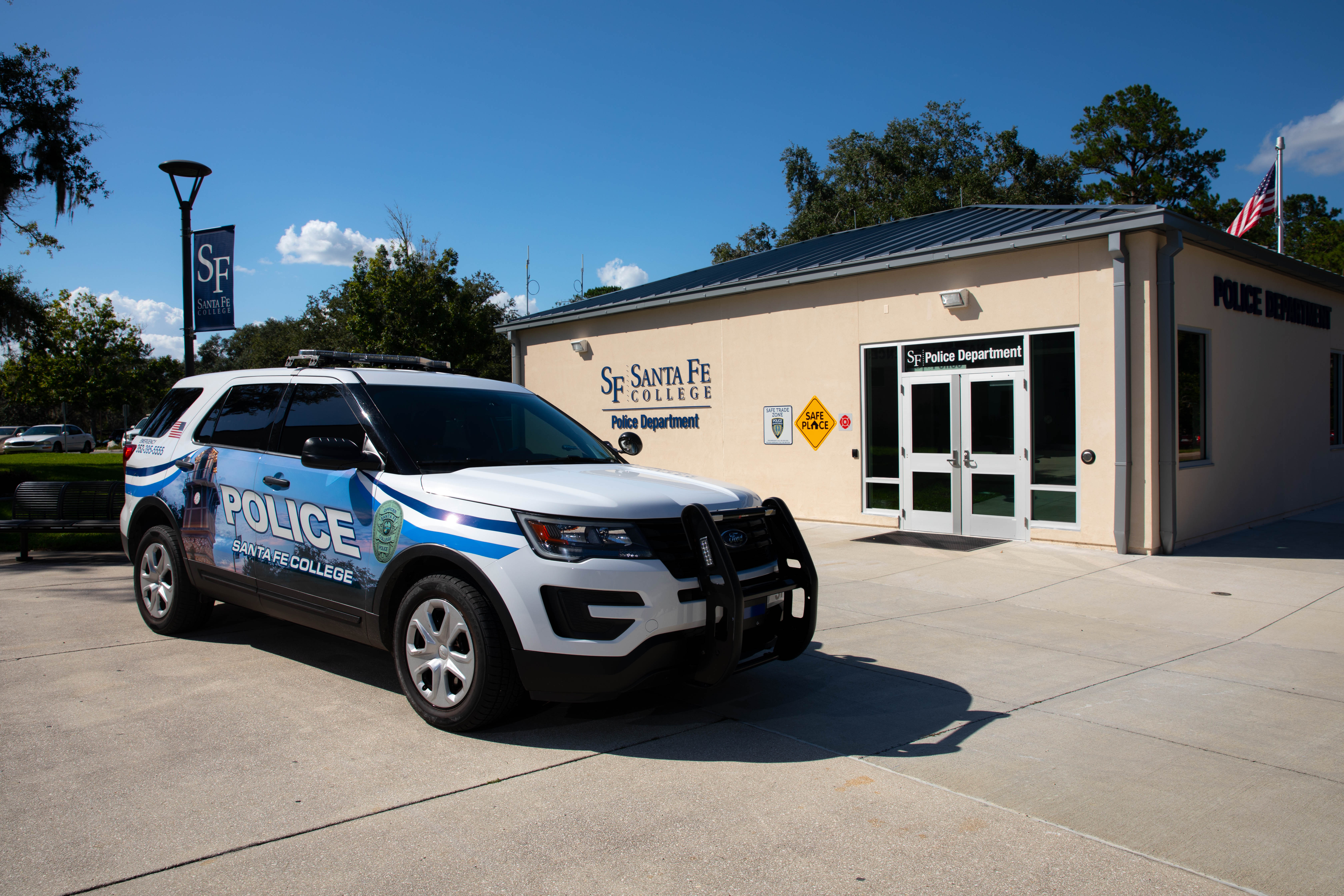 Santa Fe College Police vehicle in front of their building on the Northwest Campus