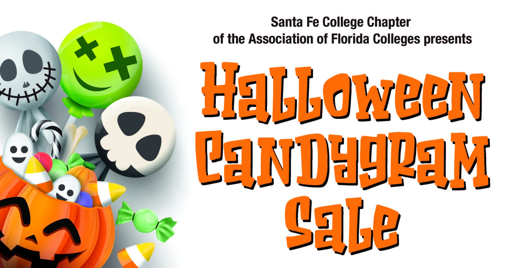 Three Halloween-themed lollipops with smiling faces hold a pumpkin bowl filled with candy. To the right, text reads: 