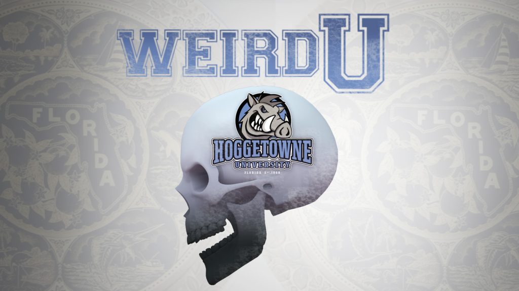 Weird U logo featuring side view of skull with fictitious Hoggetowne University logo on the side.