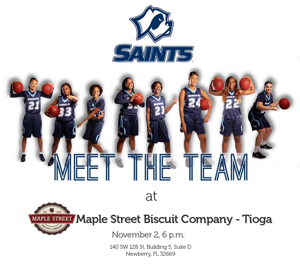 Promotional pic - meet the SF Saints women's basketball team at Maple Street Biscuit Company November 2