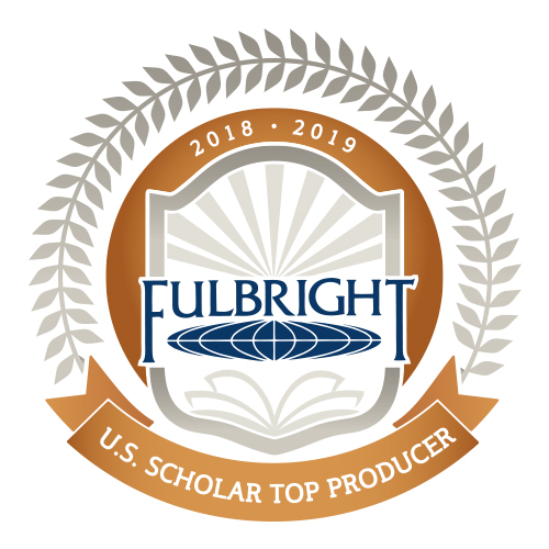 Fulbright Scholar 2018-2019 top producer logo - featuring Fulbright logo surrounded by a laurel.