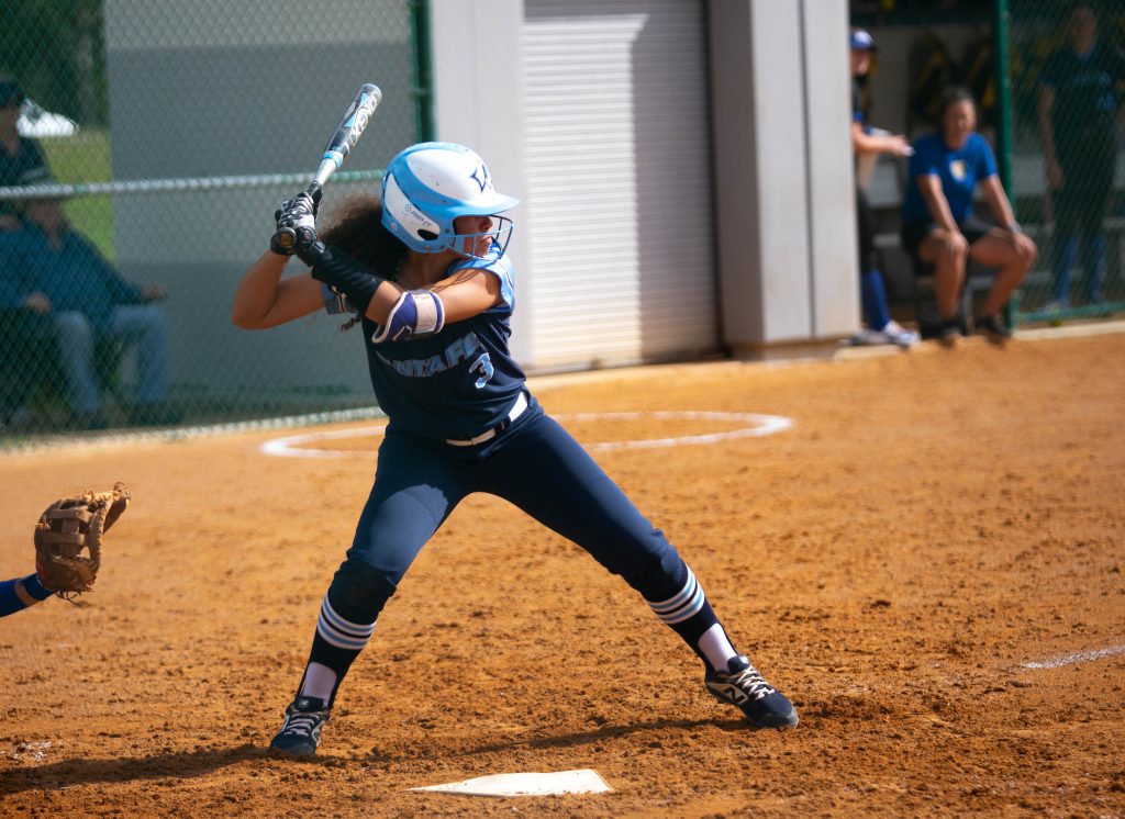 SF Freshman Karina Ortiz-Munoz at the plate about to get a hit in a softball game.