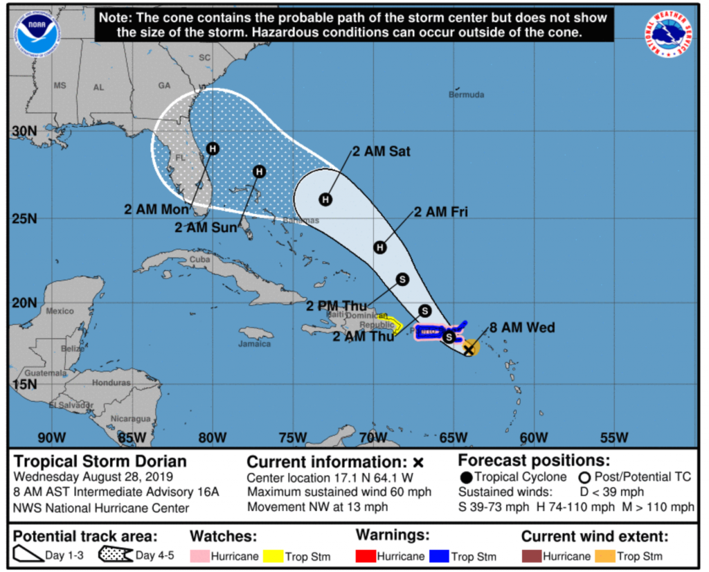 The Wednesday, Aug. 28, 8 a.m. numbers show a potential impact of Tropical Storm Dorian Monday morning in the SF Service District.