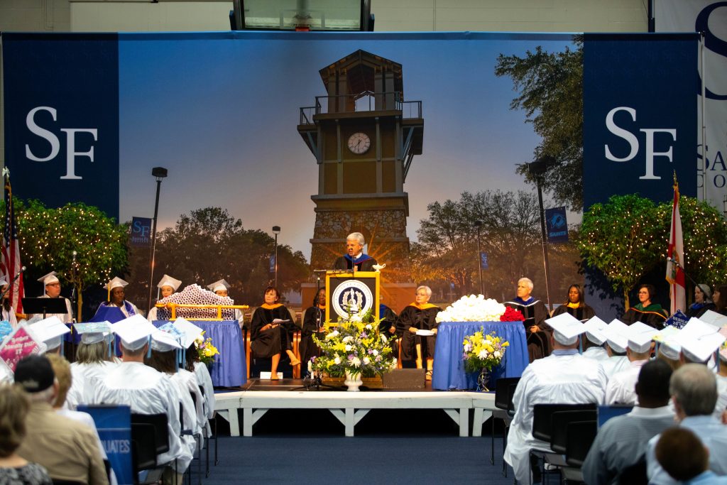 Dr. Sasser addressing students during the Nursing graduation in the spring of 2019.