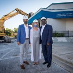 SF District Board of Trustees Chair, Blake Fletcher, Patsy Blount and SF President Paul Broadie II stand outside the SF Blount Center before demolition begins on the existing building. A new three-story facility will be constructed. The new Blount Hall will be the new home for the college's Business and IT degree programs.