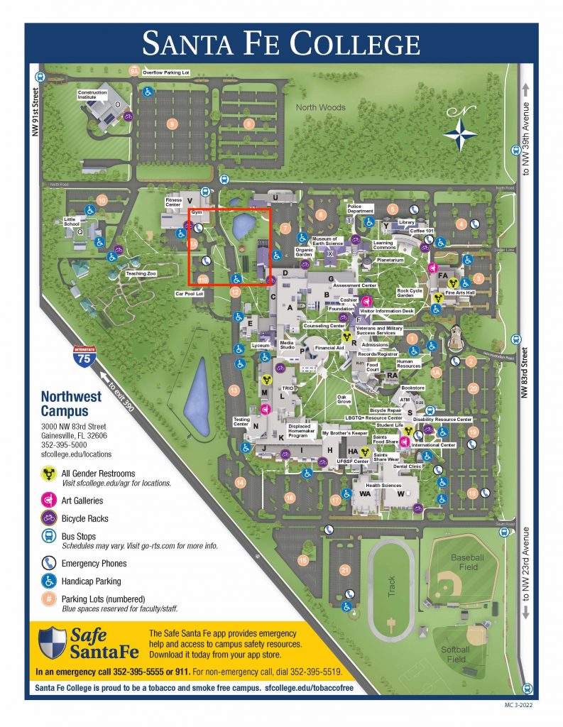 A map of the Santa Fe College Northwest Campus showing an area in red where construction may cause delays.