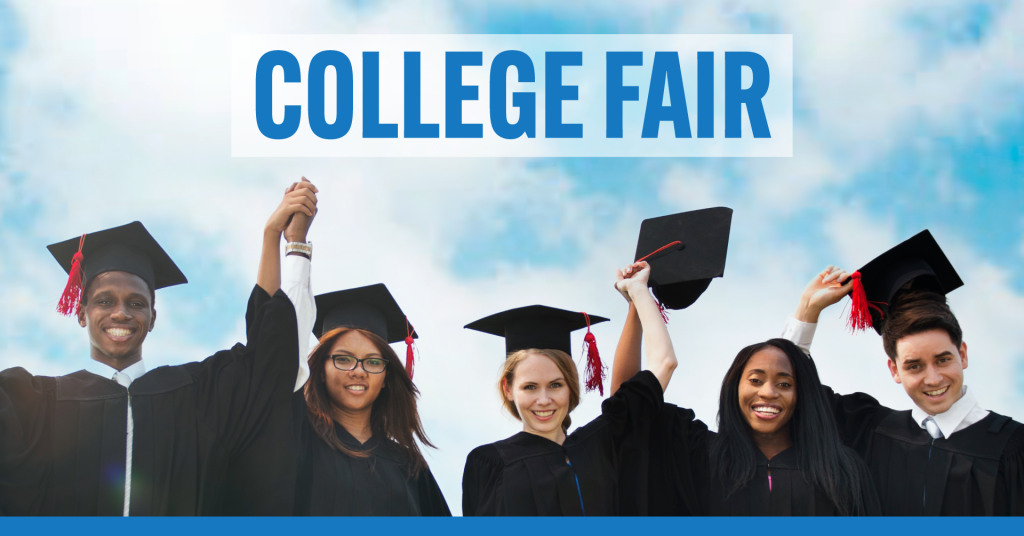 Graduates in caps and gowns agains a blue sky with faint clouds, text College Fair. 