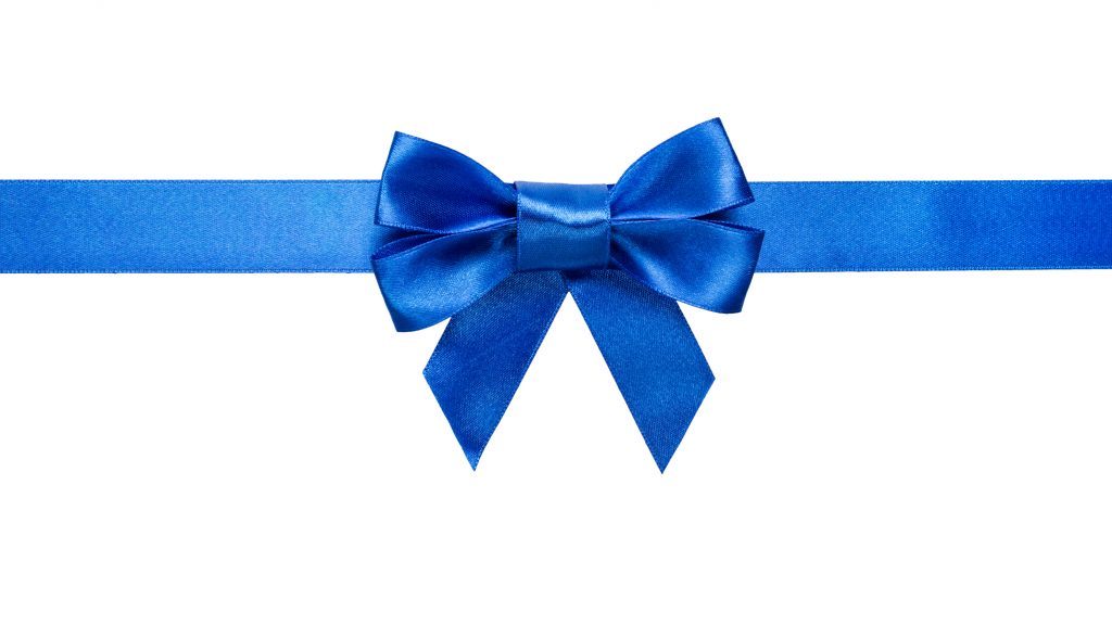 blue ribbon with bow with tails isolated on white background