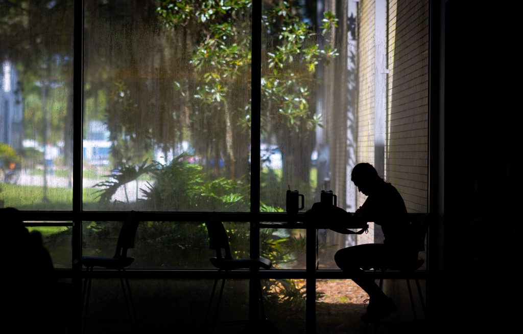 A person sitting in shadow at a table in a dark place with a bright backdrop of trees, bushes and unfocused objects outside a wide window.