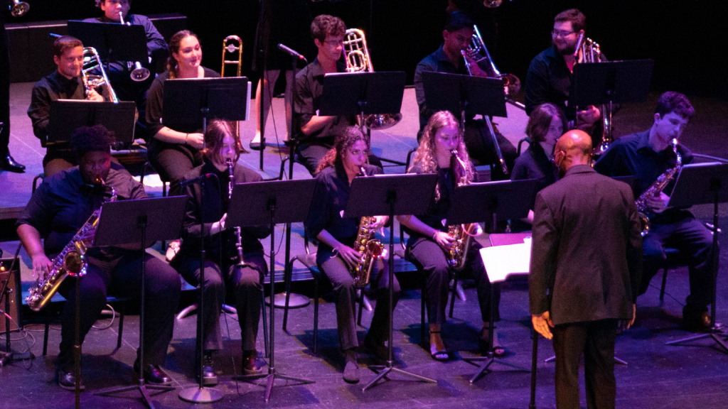 Musicians play their instruments on a stage while being conducted.